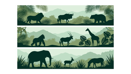 Fototapeta premium Wild safari animals silhouette banner set with lion elephant giraffe gorilla and jungle mountain landscape vector
