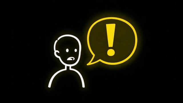 Stick figure person with speech bubble and exclamation mark illustration  