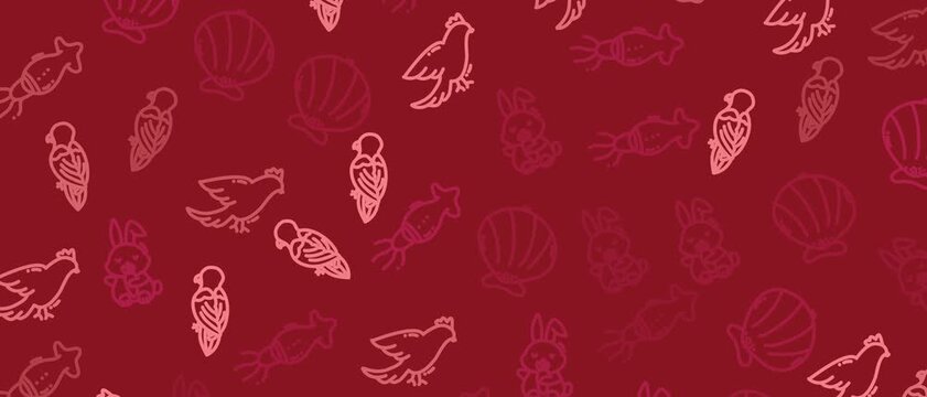 A charming animated background featuring a repeating pattern of hand-drawn birds and seashells in a playful, sketchy style. The seamless loop is set against a rich red backdrop, perfect for animation.