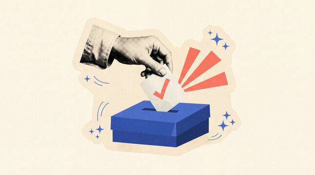 Ballot box receiving vote from hand in vintage halftone collage style with red checkmark rays, designed for political election campaign editorials and democracy media
