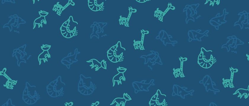 Seamless looping animation of a charming pattern featuring stylized giraffes and other whimsical animals against a deep blue background. Ideal for children's content, educational videos.