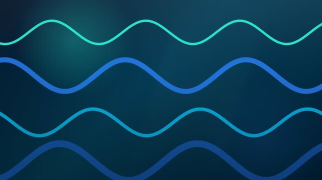 Abstract blue glowing sine wave lines moving horizontally on a dark digital background