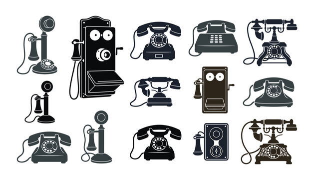 Vintage telephone icons vector set retro antique rotary phones and wall handsets on white background