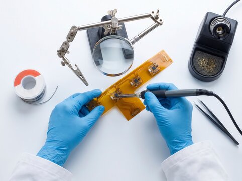 Top view of an electronics technician wearing blue gloves soldering microchip components on a flexible PCB circuit board using soldering iron and magnifying glass.