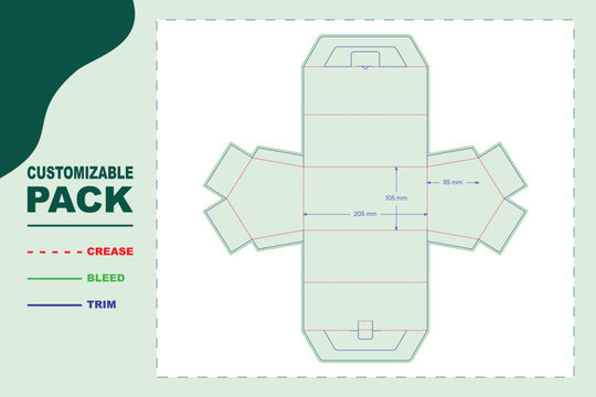 House shaped gable box dieline template featuring a clear die line layout, technical measurements, and a precise die cut pattern for folding paper packaging