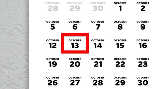 Red cursor highlighting October 13th on a 2026 wall calendar page. European calendar style, Monday start week layout