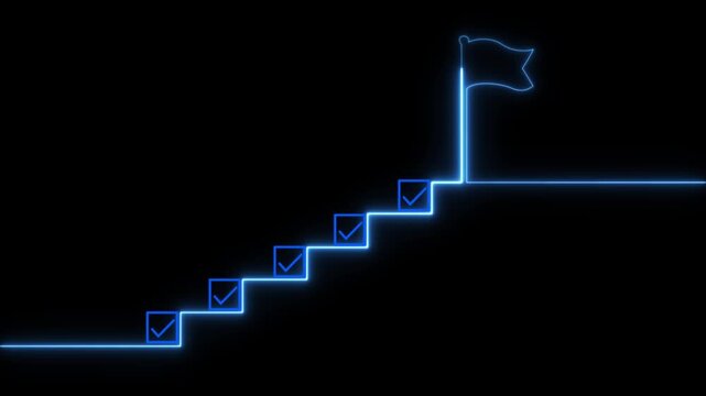 Neon business success staircase animation with checkmarks and goal flag achievement concept growth