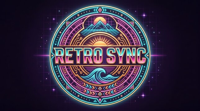 Retro Sync Synthwave Neon Circular Logo with Mountain and Ocean Wave Elements
