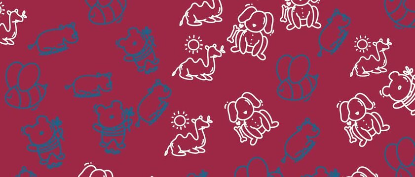 Animated pattern featuring adorable cartoon dogs and camels with sun symbols, set against a vibrant red background. Ideal for children's content, fabric designs, or playful branding.