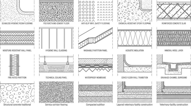 Architectural drawing set of various construction material patterns and textures with architectural