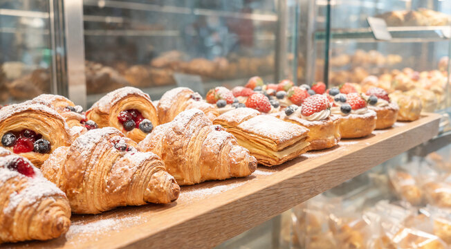 Baked goods displayed in a bakery case with croissants and pastries ready for customers