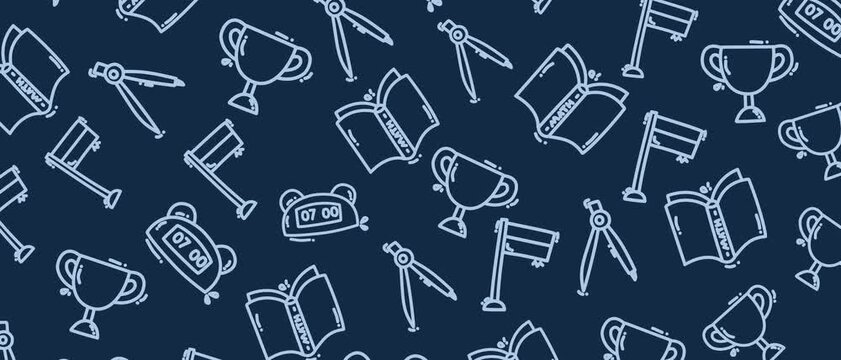 A repeating animated pattern featuring hand-drawn icons of school supplies like books, compasses, flags, and trophies. Ideal for educational content, back-to-school promotions, or creative projects.