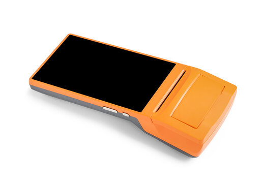 Fintech and mobile payment, orange handheld pos terminal for contactless transactions and retail business operations isolated on a white background