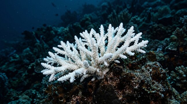 White staghorn coral with bumpy microscopic textures thrives on dark rocky substrate in deep water under cool moody blue light and bokeh.
