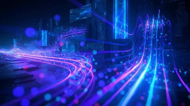 Futuristic Cybernetic Microchip Circuit Board with Glowing Fiber Optic Data Streams and Neon Blue Particles