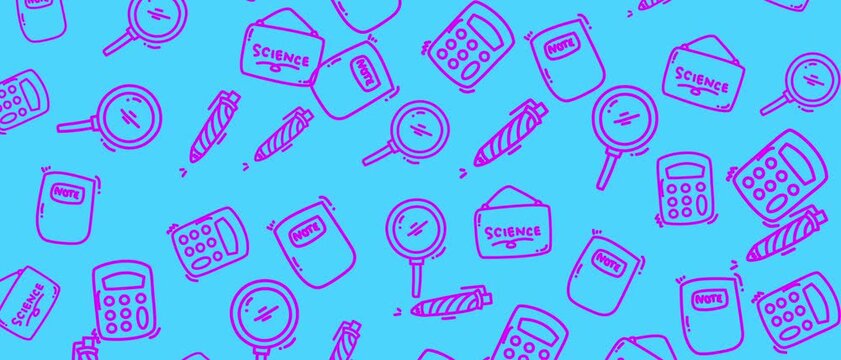 Seamless loop of a fun doodle pattern featuring educational icons like magnifying glasses, calculators, pens, and notebooks on a vibrant blue background. Perfect for school projects.