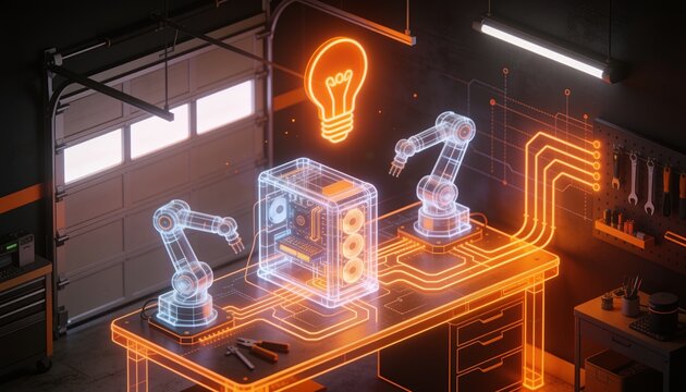 Isometric garage lab with glowing orange idea lightbulb, holographic wireframe workbench and prototype devices in neon circuitry on dark backdrop, early stage AI startup founder illustration