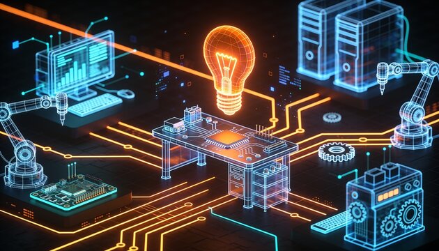 Isometric garage lab with glowing orange idea lightbulb, holographic wireframe workbench and prototype devices in neon circuitry on dark backdrop, early stage AI startup founder illustration