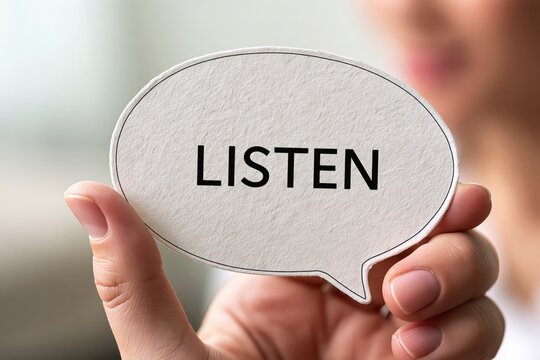Person holding speech bubble with listen word conceptual communication