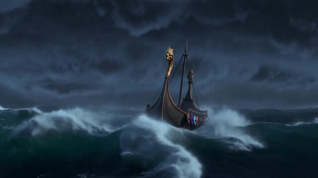 Tracking shot of viking longship riding towering waves in stormy open sea at night with lightning and heavy clouds
