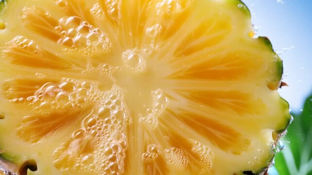 Slow motion close up of pineapple fruit slice bubbling with water droplets against blue studio background with green leaves