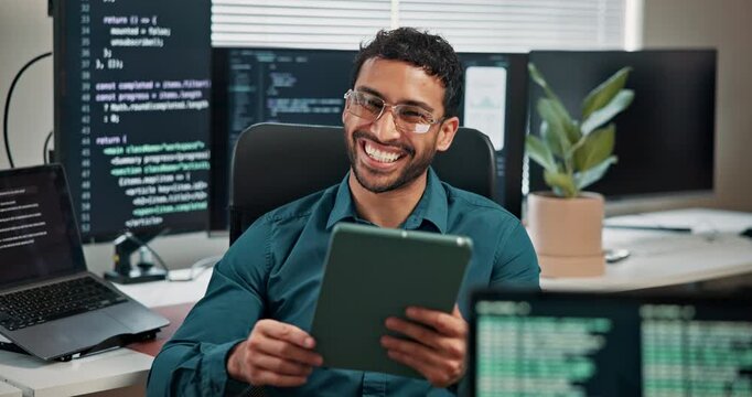 Tablet, man and talking with coding team for code review, bug report joke or pull request feedback. Tech screen, programmer and happy people in office for software planning, laugh or algorithm advice