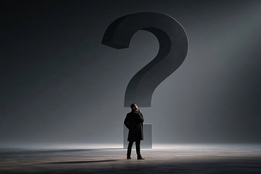 Man standing before giant question mark symbol solving business problem