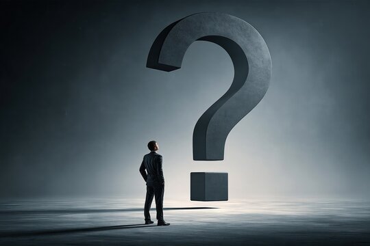 Businessman looking at huge question mark conceptual business solution