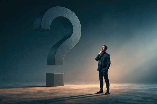 Businessman thinking with giant question mark concept business problem