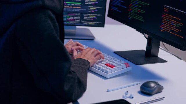 Programmer Coding Software Development with Mechanical Keyboard, Dual Monitor Computer Workstation, Blue Lighting, Focused Developer Technology Workspace for Modern Code Creation