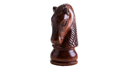 Isolated classic dark brown wooden chess knight piece, elegant game component for strategy. © Cian