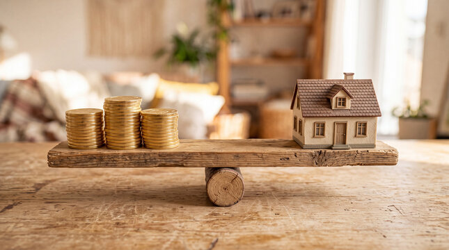 Balanced scale showing coins on one side and a small house model on the other side in a bright indoor setting