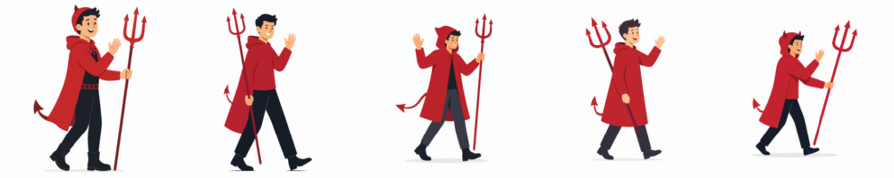 Vector illustration of a man walking in a red devil costume for Halloween