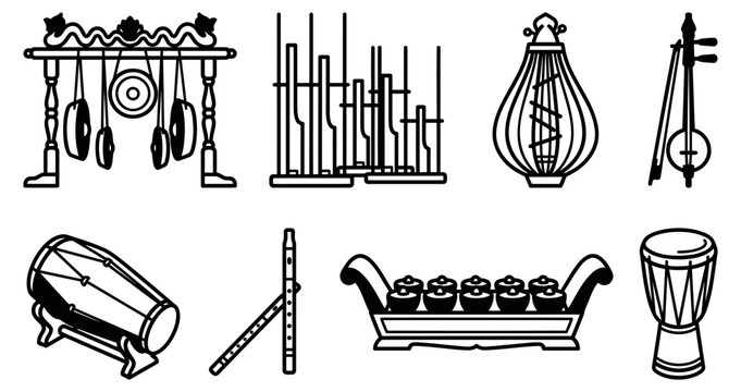 Set of traditional Indonesian musical instruments in black and white on a transparent background