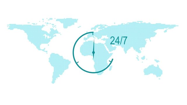 Animated 24/7 customer service clock over a world map on a white background