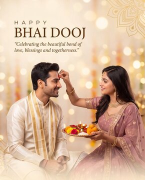 Happy Bhai Dooj greeting poster featuring an Indian sister applying tilak on her brother's forehead with a puja thali, elegant festive social media banner