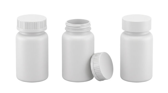 Amber plastic pill medicine bottle mockup shown from multiple angles isolated on white background for pharmaceutical healthcare packaging presentation