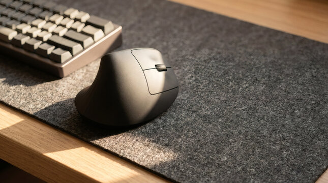 Vertical ergonomic computer mouse on dark wool felt desk pad