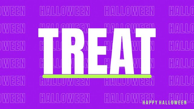 Happy Halloween seamless loop kinetic typography trick or treat bold words flashing color backgrounds orange purple lime and black panels cycle behind huge lettering for party promos and event intros