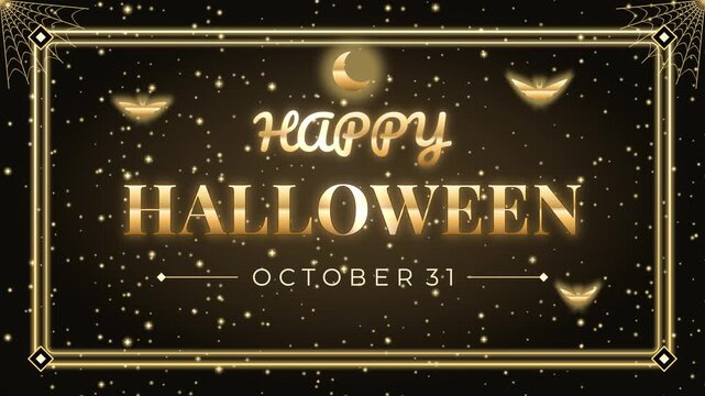Happy Halloween seamless loop luxury gold frame October black elegant glitter bats moon and spider webs sparkle around shiny lettering for premium party invitations greeting cards and event banners