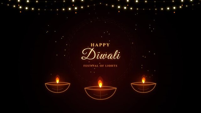 Happy Diwali Greeting Card with Glowing Oil Lamps and String Lights on Dark Background for Festive Celebration