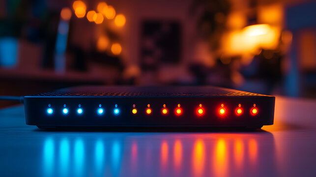 Close-up shot of a modern Wi-Fi router with illuminated indicator lights in blue and red hues, resting on a reflective surface against a softly blurred warm-toned background.