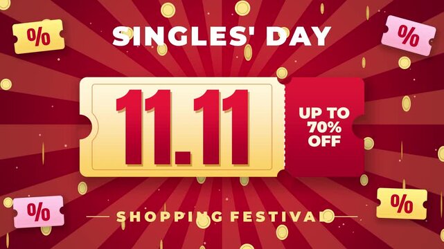 Singles Day sale seamless loop coupon ticket double eleven shopping festival red seventy percent off falling gold coins and discount tags on a sunburst for ecommerce banners and online store ads