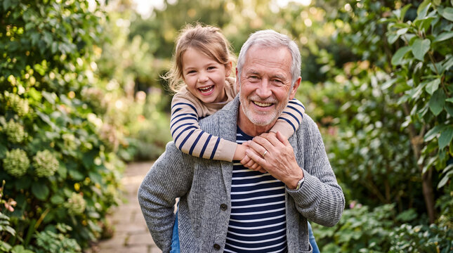 Grandfather and granddaughter enjoy time together in a garden during a sunny afternoon
