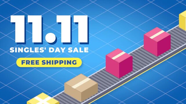 Singles Day sale seamless loop isometric conveyor belt parcels boxes free shipping double eleven gift packages ride across a blue grid for delivery promotions and ecommerce banners