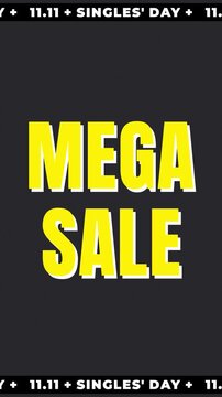 Singles Day mega sale seamless loop kinetic typography shop now color blocks double eleven diagonal wipes reveal bold words and a discount in a vertical frame for mobile stories and retail ads