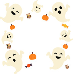 Obraz premium Cute Cartoon Ghosts Halloween Frame with Pumpkins Owls and Candies Vector Flat Isolated Border 