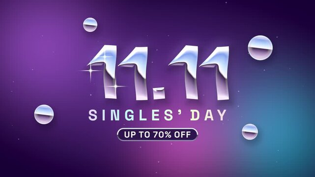 Singles Day sale seamless loop chrome metallic numbers retro millennium double eleven purple teal gradient with floating chrome spheres and sparkles for ecommerce banners and app promotions