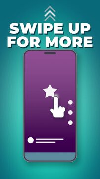 Swipe up for more seamless loop smartphone hand gesture finger scrolling teal phone screen vertical stories with heart play and star icons slide by for app tutorials creator content and mobile ads