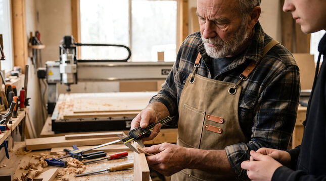 Professional Senior Carpenter Using Digital Caliper to Measure Wood Plank in Workshop with Apprentice, Precision Woodworking Mentorship and Craftsmanship Education Concept in Carpentry Studio